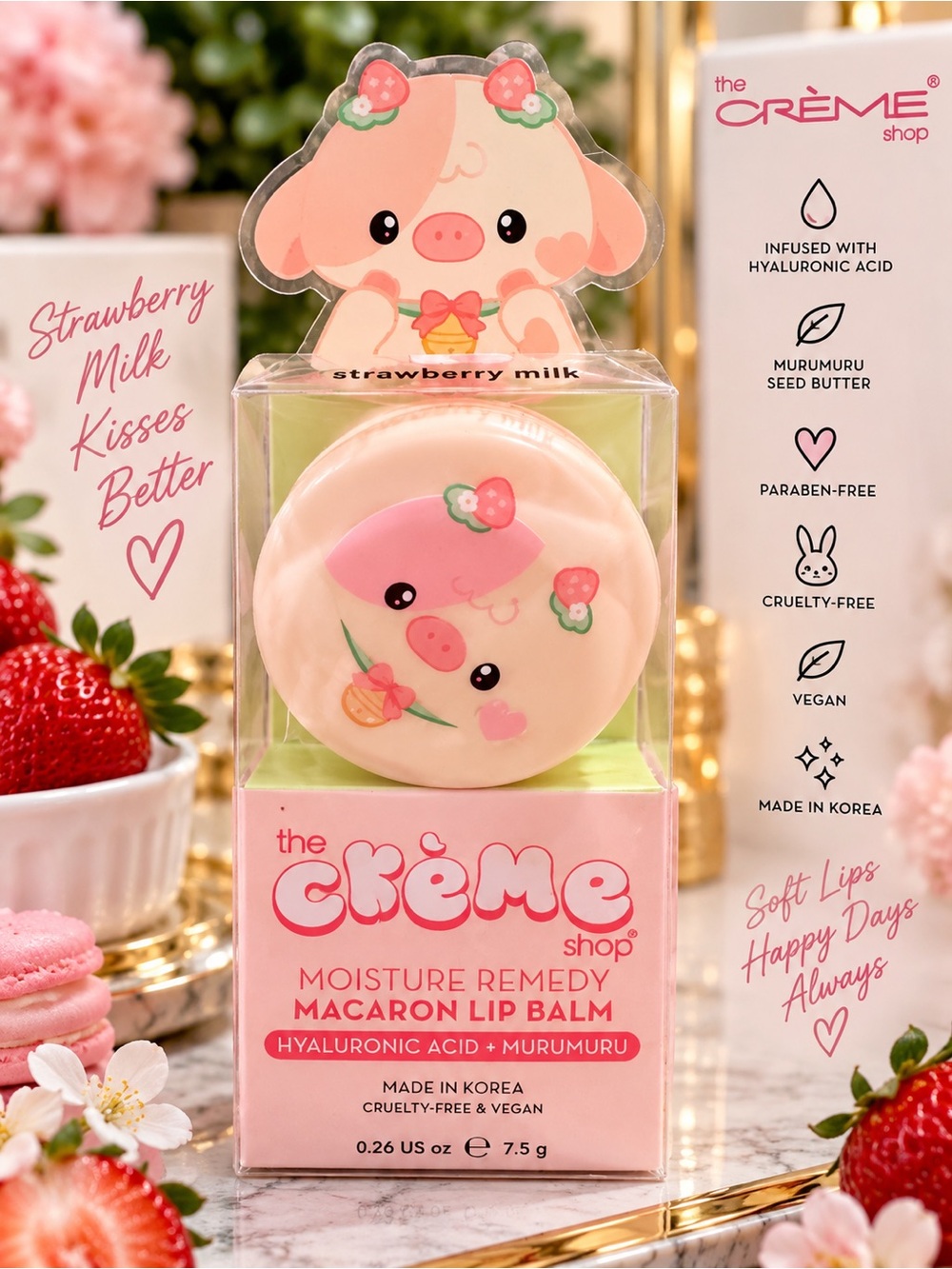 The Crème Shop Strawberry Milk Macaron Lip Balm Hyaluronic Acid K-Beauty